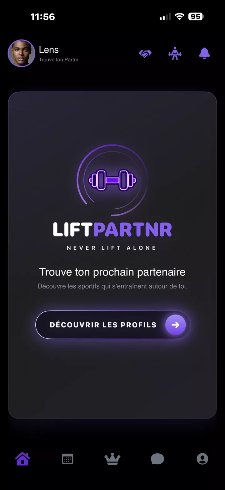 Accueil Découvrir de LiftPartnr, avec la tabbar entière.