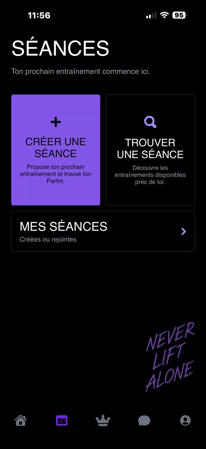 Écran Séances : créer, trouver et retrouver ses entraînements, avec la tabbar entière.