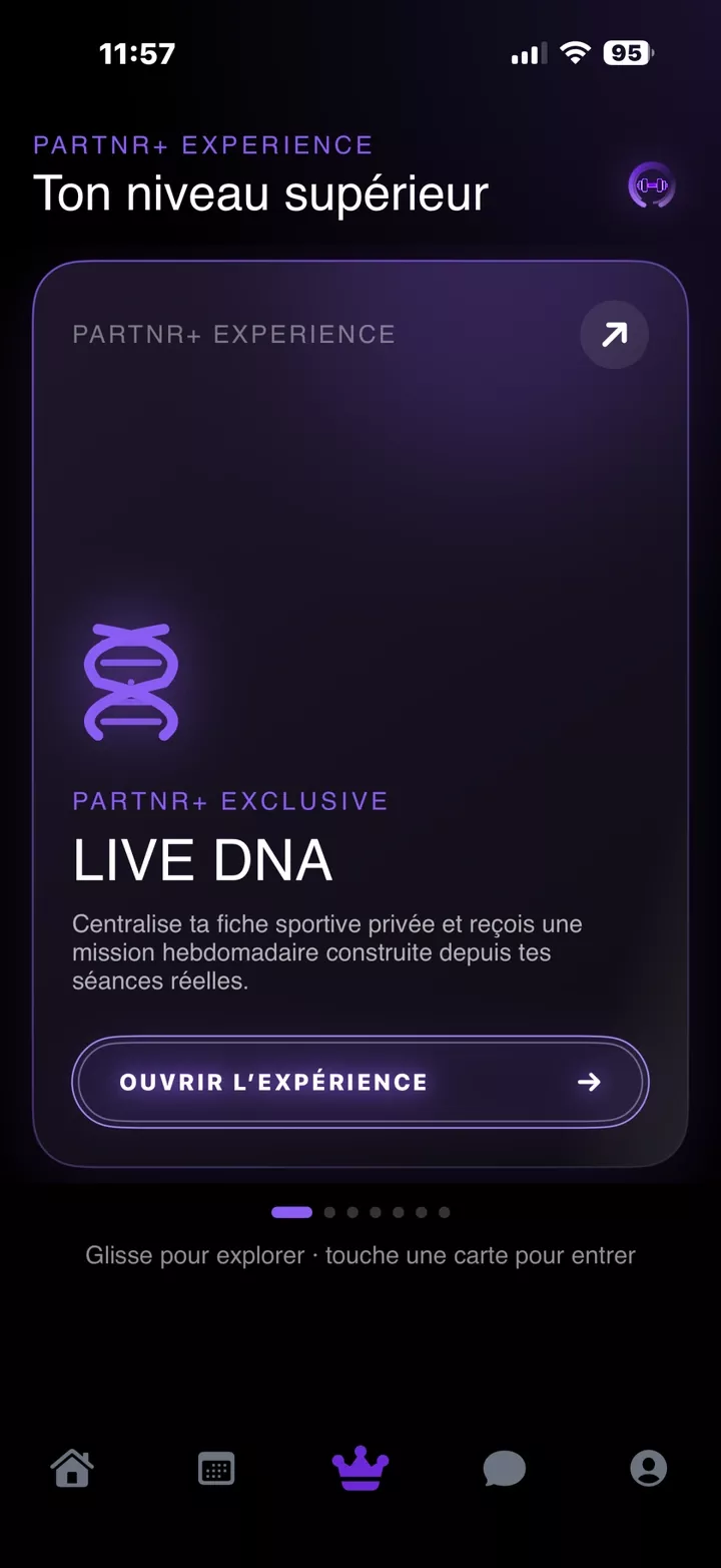 Carte DNA dans Partnr+, avec la tabbar entière.