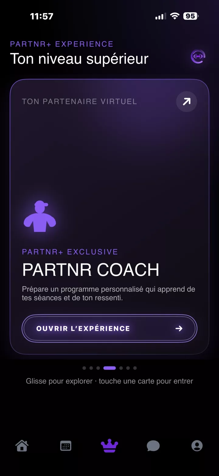 Carte Coach dans Partnr+, avec la tabbar entière.