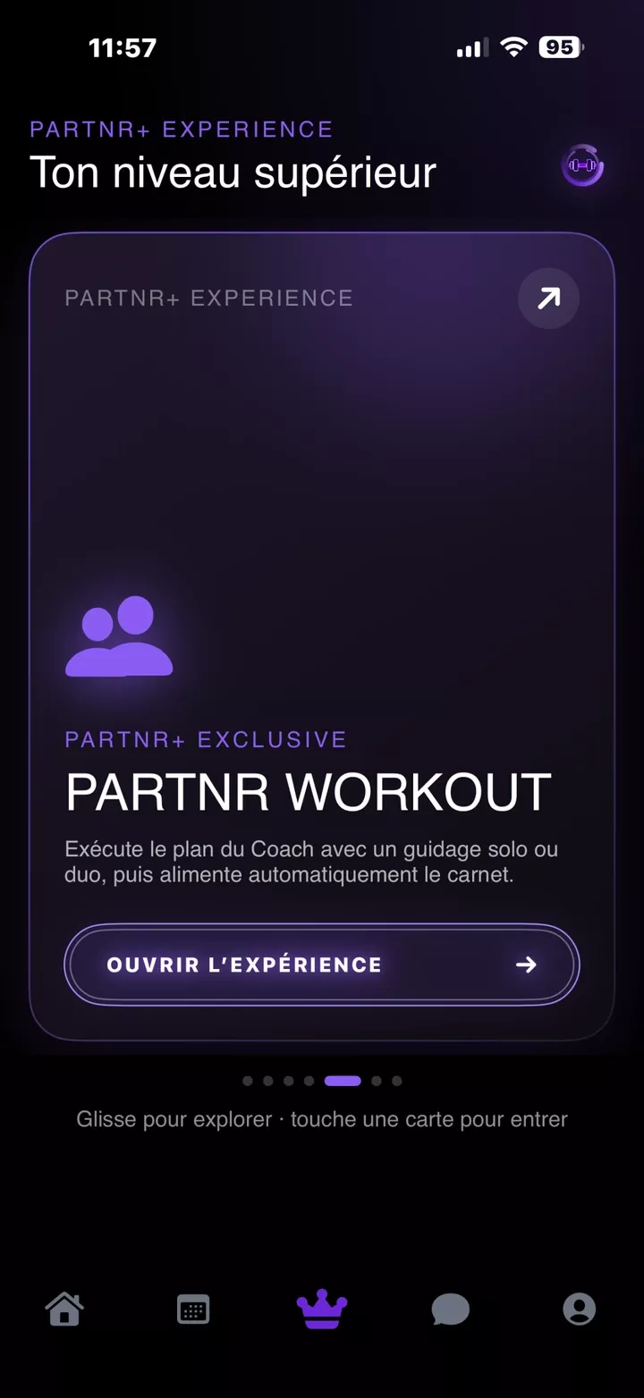 Carte Workout dans Partnr+, avec la tabbar entière.