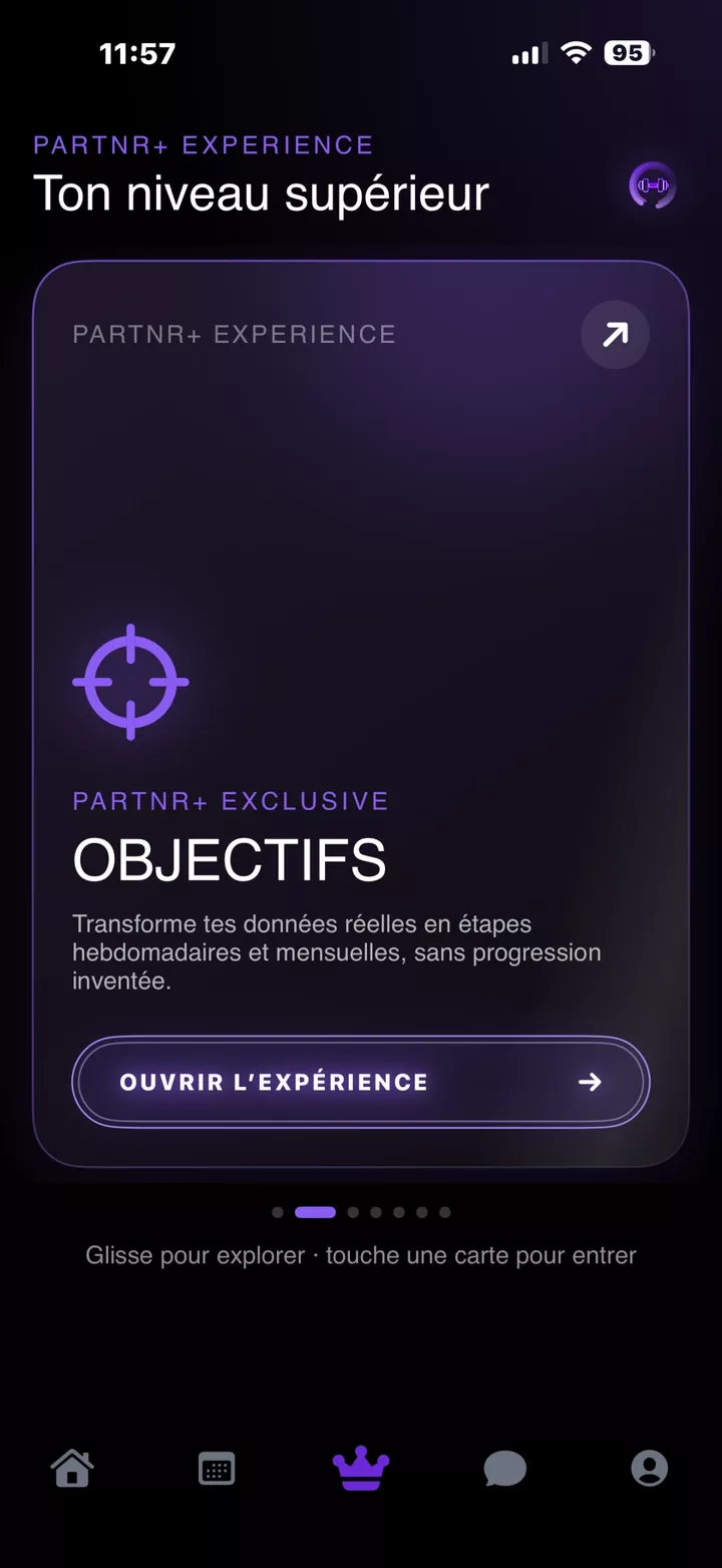 Carte Objectifs dans Partnr+, avec la tabbar entière.