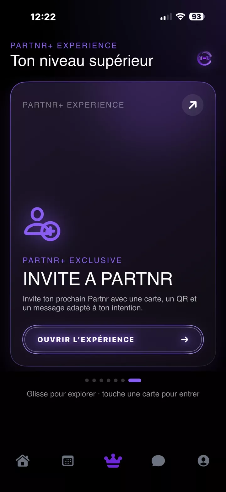 Carte Invite dans Partnr+, avec la tabbar entière.
