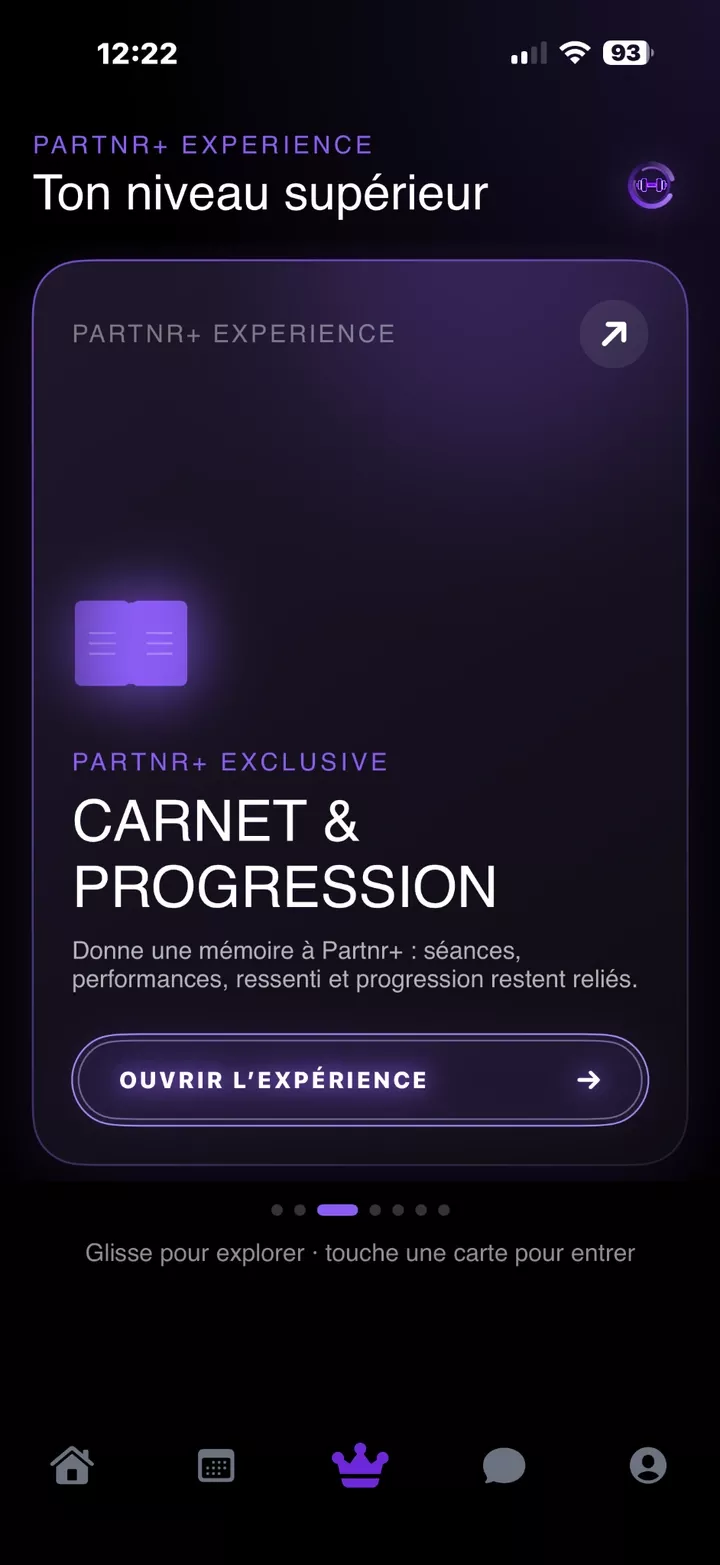 Carte Carnet et Progression dans Partnr+, avec la tabbar entière.
