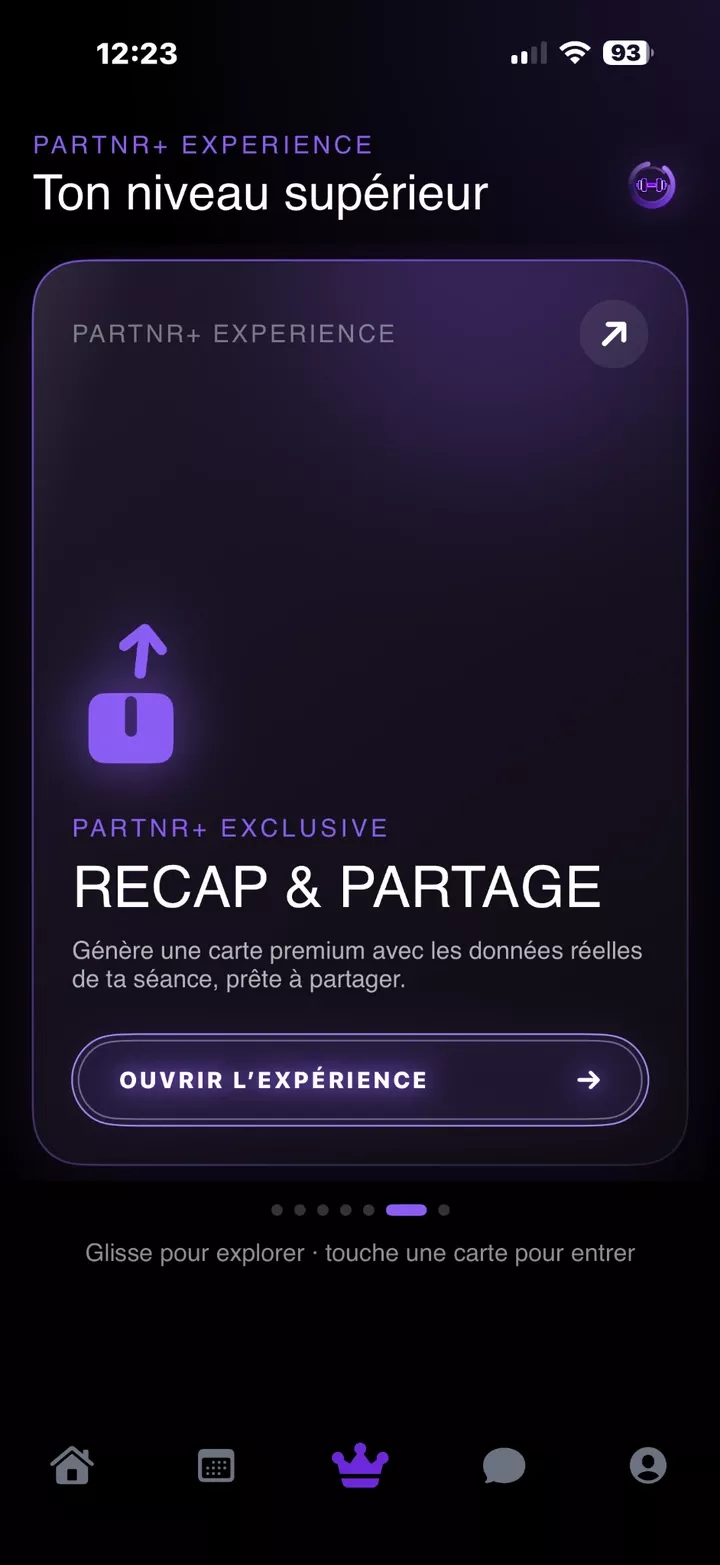 Carte Récap et Partage dans Partnr+, avec la tabbar entière.