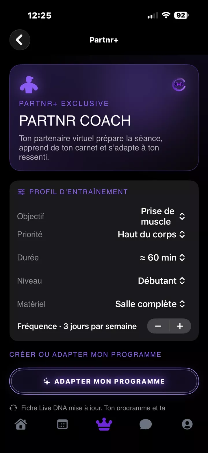 Exemple de profil et de réglages dans Partnr Coach.