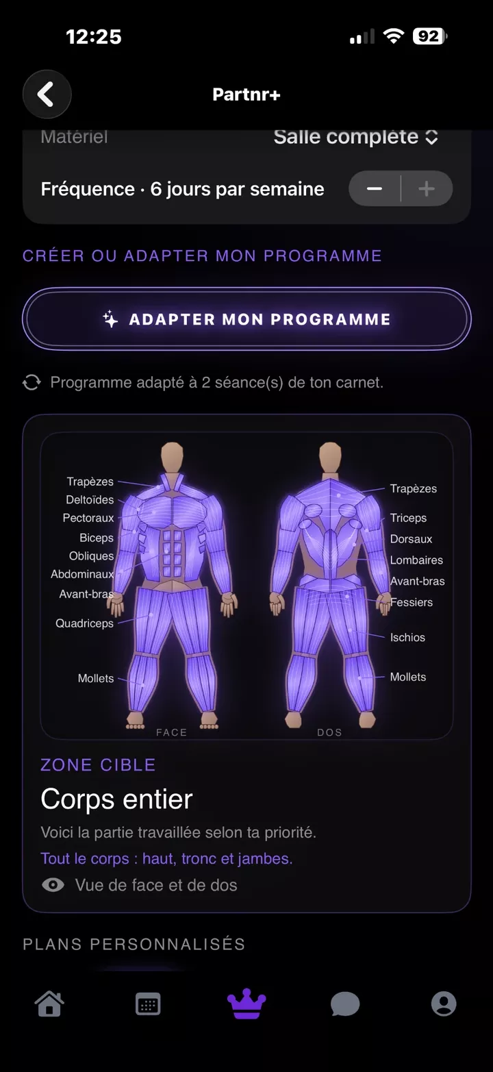 Vue du corps entier et de ses groupes musculaires dans Partnr Coach.